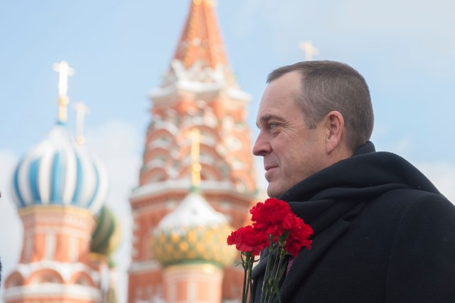 With St. Basil’s Cathedral in Red Square in Moscow serving as a backdrop, Expedition 55 crew member Ricky Arnold of NASA has a thoughtful moment during traditional pre-launch activities Feb. 22. Arnold, Drew Feustel of NASA and Oleg Artemyev of Roscosmos will launch March 21 on the Soyuz MS-08 spacecraft from the Baikonur Cosmodrome in Kazakhstan for a five-month mission on the International Space Station.
