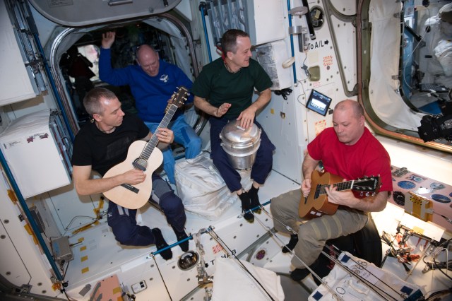 The Unity module offers the perfect space for an out of this world jam session with Expedition 55 crew members (from left) Drew Feustel of NASA, Oleg Artemyev from Roscosmos and NASA astronauts Ricky Arnold and Scott Tingle.