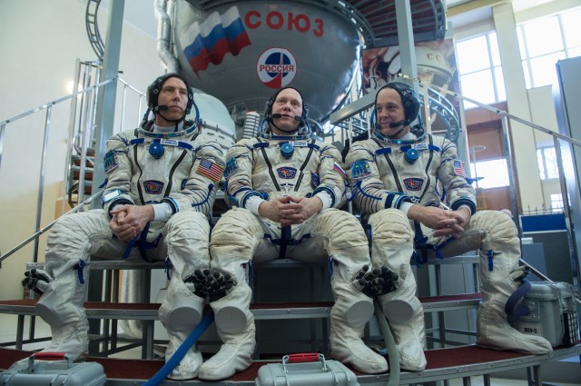 At the Gagarin Cosmonaut Training Center in Star City, Russia, Expedition 55 crew members Drew Feustel of NASA (left), Oleg Artemyev of Roscosmos (center) and Ricky Arnold of NASA (right) listen to reporters’ questions Feb. 21 during their final day of crew qualification exams. They will launch March 21 from the Baikonur Cosmodrome in Kazakhstan on the Soyuz MS-08 spacecraft for a five-month mission on the International Space Station.