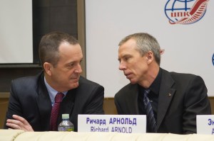 At the Gagarin Cosmonaut Training Center in Star City, Russia, Expedition 55 crew members Ricky Arnold and Drew Feustel of NASA have a moment to share thoughts prior to the start of a crew news conference Feb. 22. Along with Oleg Artemyev, they will launch March 21 on the Soyuz MS-08 spacecraft from the Baikonur Cosmodrome in Kazakhstan for a five-month mission on the International Space Station.