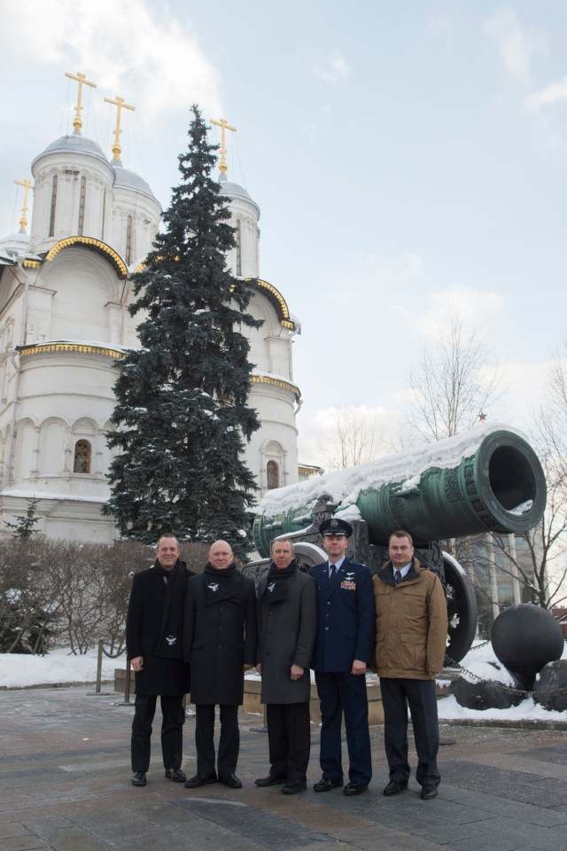 Inside the Kremlin at Red Square in Moscow, the Expedition 55 prime and backup crew members pose for pictures in front of the Tsar Cannon Feb. 22 as part of pre-launch activities. From left to right are prime crewmembers Ricky Arnold of NASA, Oleg Artemyev of Roscosmos and Drew Feustel of NASA and backup crewmembers Nick Hague of NASA and Alexey Ovchinin of Roscosmos. Feustel, Arnold and Artemyev will launch March 21 on the Soyuz MS-08 spacecraft from the Baikonur Cosmodrome in Kazakhstan for a five-month mission on the International Space Station.