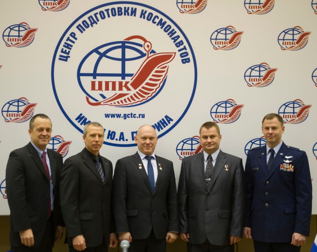 At the Gagarin Cosmonaut Training Center in Star City, Russia, the Expedition 55 prime and backup crew members pose for pictures Feb. 22 following a crew news conference. From left to right are prime crewmembers Ricky Arnold of NASA, Drew Feustel of NASA and Oleg Artemyev of Roscosmos and backup crew members Alexey Ovchinin of Roscosmos and Nick Hague of NASA. Arnold, Feustel and Artemyev will launch March 21 on the Soyuz MS-08 spacecraft from the Baikonur Cosmodrome in Kazakhstan for a five-month mission on the International Space Station.