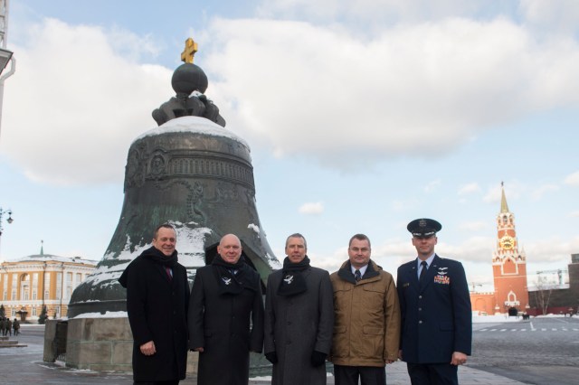 Inside the Kremlin at Red Square in Moscow, the Expedition 55 prime and backup crew members pose for pictures in front of the Tsar Bell Feb. 22 as part of pre-launch activities. From left to right are prime crewmembers Ricky Arnold of NASA, Oleg Artemyev of Roscosmos and Drew Feustel of NASA and backup crew members Alexey Ovchinin of Roscosmos and Nick Hague of NASA. Feustel, Arnold and Artemyev will launch March 21 on the Soyuz MS-08 spacecraft from the Baikonur Cosmodrome in Kazakhstan for a five-month mission on the International Space Station.