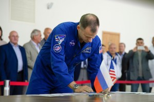 At the Gagarin Cosmonaut Training Center in Star City, Russia, Expedition 57 crew member Nick Hague of NASA signs in Sept. 13 for the first day of Soyuz qualification exams. Hague and Alexey Ovchinin of Roscosmos are scheduled to launch Oct. 11 from the Baikonur Cosmodrome in Kazakhstan on the Soyuz MS-10 spacecraft for a six month mission on the International Space Station.