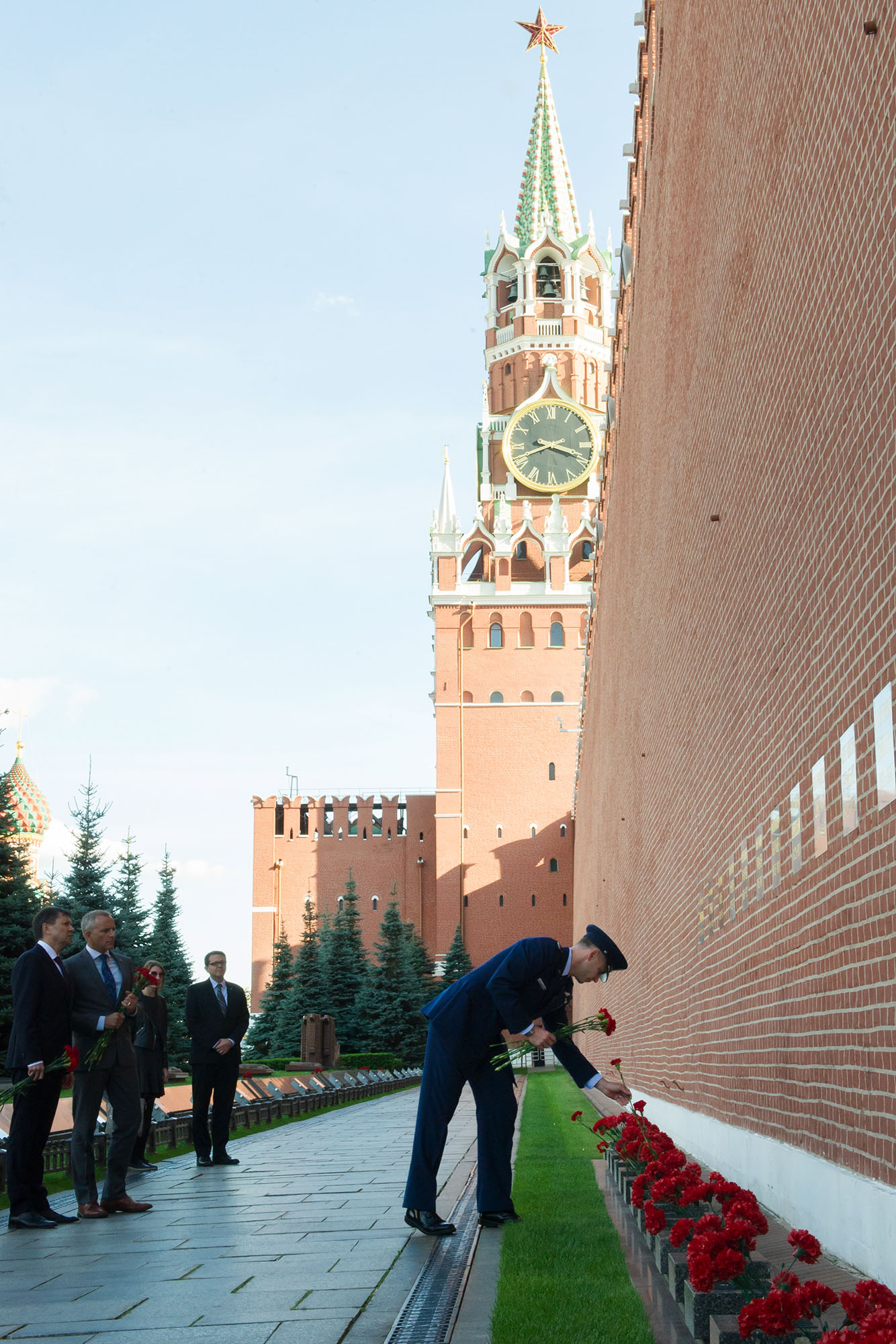 At Red Square in Moscow, Expedition 57 crew member Nick Hague of NASA lays flowers at the Kremlin Wall where Russian space icons are interred as part of traditional ceremonies Sept. 17. Hague and Alexey Ovchinin of Roscosmos will launch Oct. 11 from the Baikonur Cosmodrome in Kazakhstan on the Soyuz MS-10 spacecraft for a six-month mission on the International Space Station.