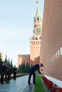 At Red Square in Moscow, Expedition 57 crew member Nick Hague of NASA lays flowers at the Kremlin Wall where Russian space icons are interred as part of traditional ceremonies Sept. 17. Hague and Alexey Ovchinin of Roscosmos will launch Oct. 11 from the Baikonur Cosmodrome in Kazakhstan on the Soyuz MS-10 spacecraft for a six-month mission on the International Space Station.