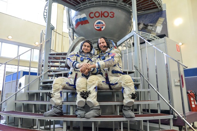 At the Gagarin Cosmonaut Training Center in Star City, Russia, Expedition 57 crew members Alexey Ovchinin of Roscosmos (left) and Nick Hague of NASA (right) pose for pictures Sept. 14 during their Soyuz qualification exam activities. They will launch Oct. 11 on the Soyuz MS-10 spacecraft from the Baikonur Cosmodrome in Kazakhstan for a six-month mission on the International Space Station.