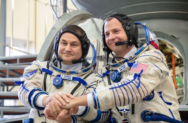 At the Gagarin Cosmonaut Training Center in Star City, Russia, Expedition 57 crew members Alexey Ovchinin of Roscosmos (left) and Nick Hague of NASA (right) pose for pictures Sept. 14 during their Soyuz qualification exam activities. They will launch Oct. 11 on the Soyuz MS-10 spacecraft from the Baikonur Cosmodrome in Kazakhstan for a six-month mission on the International Space Station.