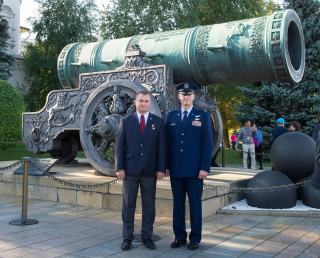 In front of the Tsar Cannon at the Kremlin in Moscow, Expedition 57 crew members Alexey Ovchinin of Roscosmos (left) and Nick Hague of NASA (right) pose for pictures Sept. 17 during traditional ceremonies. Hague and Ovchinin will launch Oct. 11 from the Baikonur Cosmodrome in Kazakhstan on the Soyuz MS-10 spacecraft for a six-month mission on the International Space Station.