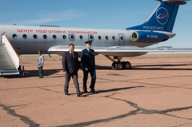 Expedition 57 crew members Alexey Ovchinin of Roscosmos (left) and Nick Hague of NASA (right) arrive at their launch site in Baikonur, Kazakhstan Sept. 25 for final pre-launch training after a flight from their training base in Star City, Russia. Hague and Ovchinin will launch Oct. 11 from the Baikonur Cosmodrome in Kazakhstan on the Soyuz MS-10 spacecraft for a six-month mission on the International Space Station.