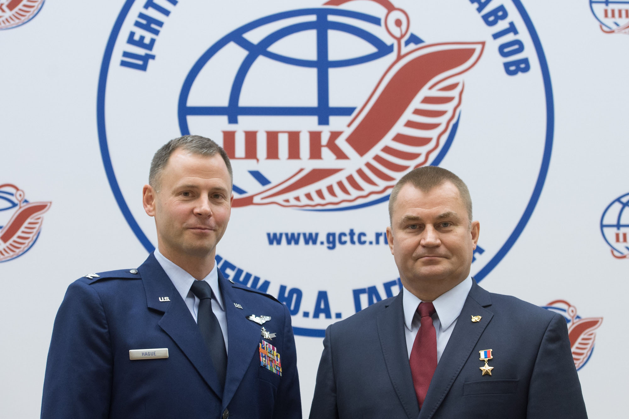 At the Gagarin Cosmonaut Training Center in Star City, Russia, Expedition 57 crew members Nick Hague of NASA (left) and Alexey Ovchinin of Roscosmos (right) pose for pictures Sept. 17 after a crew news conference. Hague and Ovchinin will launch Oct. 11 from the Baikonur Cosmodrome in Kazakhstan on the Soyuz MS-10 spacecraft for a six-month mission on the International Space Station.