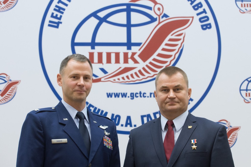 At the Gagarin Cosmonaut Training Center in Star City, Russia, Expedition 57 crew members Nick Hague of NASA (left) and Alexey Ovchinin of Roscosmos (right) pose for pictures Sept. 17 after a crew news conference. Hague and Ovchinin will launch Oct. 11 from the Baikonur Cosmodrome in Kazakhstan on the Soyuz MS-10 spacecraft for a six-month mission on the International Space Station.