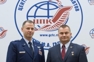 At the Gagarin Cosmonaut Training Center in Star City, Russia, Expedition 57 crew members Nick Hague of NASA (left) and Alexey Ovchinin of Roscosmos (right) pose for pictures Sept. 17 after a crew news conference. Hague and Ovchinin will launch Oct. 11 from the Baikonur Cosmodrome in Kazakhstan on the Soyuz MS-10 spacecraft for a six-month mission on the International Space Station.
