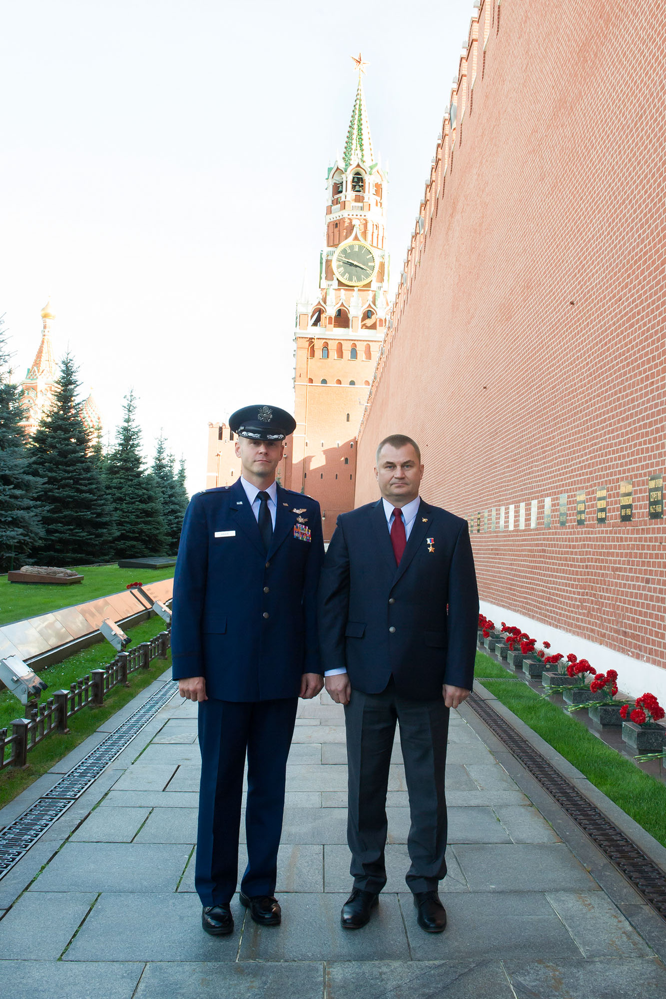 At the Kremlin Wall in Red Square in Moscow, Expedition 57 crew members Nick Hague of NASA (left) and Alexey Ovchinin of Roscosmos (right) pose for pictures Sept. 17 during traditional ceremonies. Hague and Ovchinin will launch Oct. 11 from the Baikonur Cosmodrome in Kazakhstan on the Soyuz MS-10 spacecraft for a six-month mission on the International Space Station.