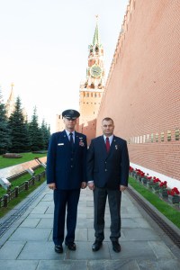 At the Kremlin Wall in Red Square in Moscow, Expedition 57 crew members Nick Hague of NASA (left) and Alexey Ovchinin of Roscosmos (right) pose for pictures Sept. 17 during traditional ceremonies. Hague and Ovchinin will launch Oct. 11 from the Baikonur Cosmodrome in Kazakhstan on the Soyuz MS-10 spacecraft for a six-month mission on the International Space Station.