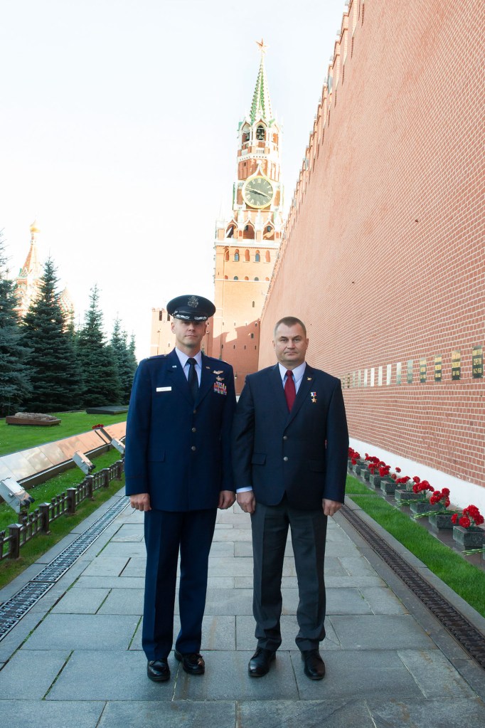 At the Kremlin Wall in Red Square in Moscow, Expedition 57 crew members Nick Hague of NASA (left) and Alexey Ovchinin of Roscosmos (right) pose for pictures Sept. 17 during traditional ceremonies. Hague and Ovchinin will launch Oct. 11 from the Baikonur Cosmodrome in Kazakhstan on the Soyuz MS-10 spacecraft for a six-month mission on the International Space Station.