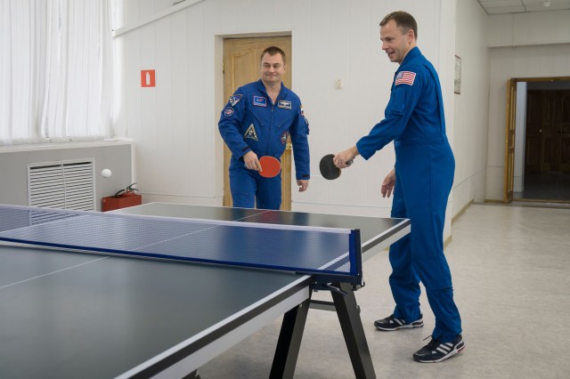 Expedition 57 crew members Alexey Ovchinin of Roscosmos, left, and Nick Hague of NASA, right, play a game of ping-pong as part of the traditional pre-launch activities, Wednesday, Oct. 3, 2018 at the Cosmonaut Hotel in Baikonur, Kazakhstan. Ovchinin and Hague are scheduled to launch on Oct. 11 onboard the Soyuz MS-10 spacecraft from the Baikonur Cosmodrome in Kazakhstan for a six-month mission on the International Space Station.