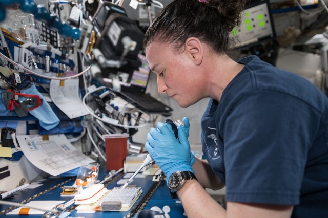 Expedition 57 Flight Engineer Serena Auñón-Chancellor is pictured mixing protein crystal samples to help scientists understand how they work. Proteins crystallized in microgravity are often higher in quality than those grown on Earth and present opportunities for the development of new drugs to treat disease.