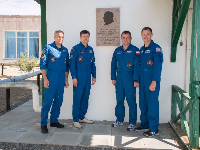 At the Baikonur Cosmodrome in Kazakhstan, the Expedition 57 prime and backup crewmembers pose for pictures Oct. 6 in front of the cottage where the Russian space icon and “Great Designer” Sergei Korolev slept on the night before Yuri Gagarin launched on April 12, 1961 to become the first human to fly in space. From left to right are backup crewmembers David Saint-Jacques of the Canadian Space Agency and Oleg Kononenko of Roscosmos, and prime crewmembers Alexey Ovchinin of Roscosmos and Nick Hague of NASA. Hague and Ovchinin will launch Oct. 11 from the Baikonur Cosmodrome on the Soyuz MS-10 spacecraft for a six-month mission on the International Space Station.
