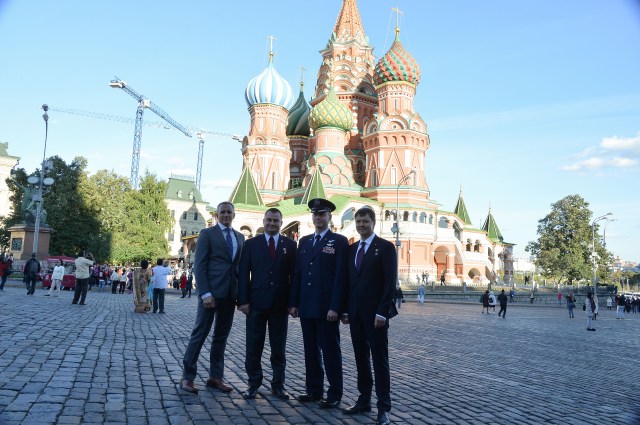 With St. Basil’s Cathedral in Red Square in Moscow serving as a backdrop, the Expedition 57 prime and backup crew members pose for pictures Sept. 17 as part of prelaunch activities. From left to right are backup crewmember David Saint-Jacques of the Canadian Space Agency, prime crew members Alexey Ovchinin of Roscosmos and Nick Hague of NASA and backup crew member Oleg Kononenko of Roscosmos. Hague and Ovchinin will launch Oct. 11 from the Baikonur Cosmodrome in Kazakhstan on the Soyuz MS-10 spacecraft for a six-month mission on the International Space Station.