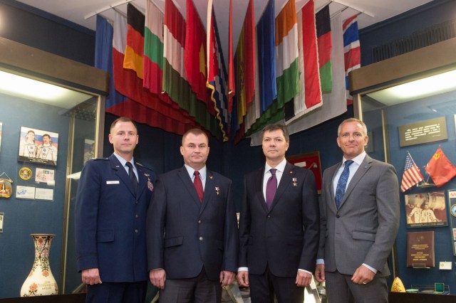 At the Gagarin Museum at the Gagarin Cosmonaut Training Center in Star City, Russia, Expedition 57 prime and backup crew members pose for pictures Sept. 17 as part of traditional prelaunch activities. From left to right are prime crew members Nick Hague of NASA and Alexey Ovchinin of Roscosmos and backup crew members Oleg Kononenko of Roscosmos and David Saint-Jacques of the Canadian Space Agency. Hague and Ovchinin will launch Oct. 11 from the Baikonur Cosmodrome in Kazakhstan on the Soyuz MS-10 spacecraft for a six-month mission on the International Space Station.