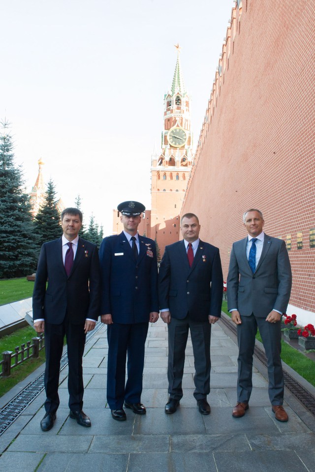 At the Kremlin Wall in Red Square in Moscow, the Expedition 57 prime and backup crew members pose for pictures Sept. 17 during traditional ceremonies. From left to right are backup crew member Oleg Kononenko of Roscosmos, prime crew members Nick Hague of NASA and Alexey Ovchinin of Roscosmos and backup crew member David Saint-Jacques of the Canadian Space Agency. Hague and Ovchinin will launch Oct. 11 from the Baikonur Cosmodrome in Kazakhstan on the Soyuz MS-10 spacecraft for a six-month mission on the International Space Station.