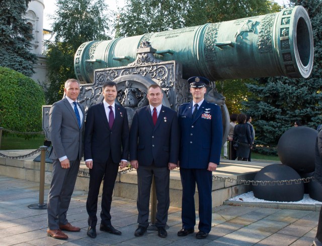 In front of the Tsar Cannon at the Kremlin in Moscow, the Expedition 57 prime and backup crew members pose for pictures Sept. 17 during traditional ceremonies. From left to right are backup crew members David Saint-Jacques of the Canadian Space Agency and Oleg Kononenko of Roscosmos, and prime crew members Alexey Ovchinin of Roscosmos and Nick Hague of NASA. Hague and Ovchinin will launch Oct. 11 from the Baikonur Cosmodrome in Kazakhstan on the Soyuz MS-10 spacecraft for a six-month mission on the International Space Station.