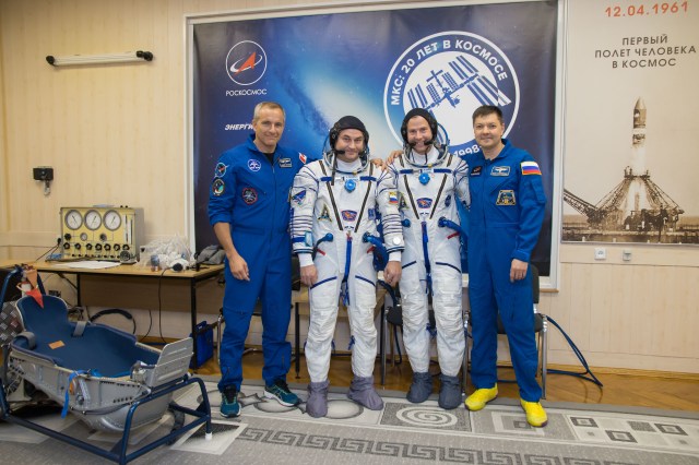 At the Baikonur Cosmodrome in Kazakhstan, the Expedition 57 prime and backup crew members pose for pictures Sept. 26 during pre-launch training activities. From left to right are backup crewmember David Saint-Jacques of the Canadian Space Agency, prime crew members Alexey Ovchinin of Roscosmos and Nick Hague of NASA and backup cre wmember Oleg Kononenko of Roscosmos. Ovchinin and Hague will launch Oct. 11 in the Soyuz MS-10 spacecraft from the Baikonur Cosmodrome for a six-month mission on the International Space Station.