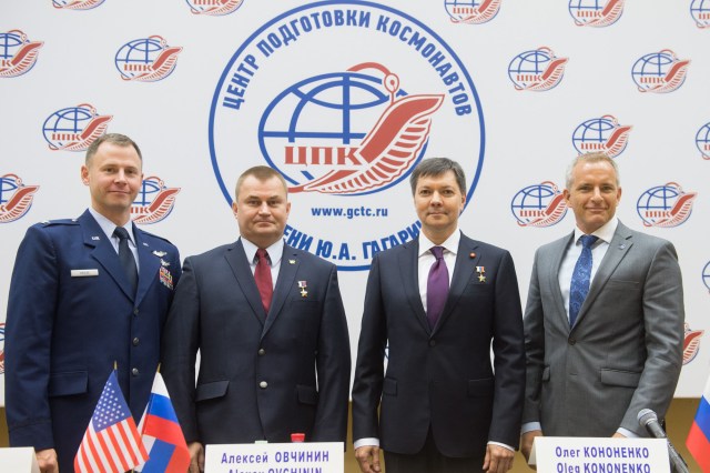 At the Gagarin Cosmonaut Training Center in Star City, Russia, the Expedition 57 prime and backup crews pose for pictures Sept. 17 after a crew news conference. From left to right are prime crew members Nick Hague of NASA and Alexey Ovchinin of Roscosmos and backup crew members Oleg Kononenko of Roscosmos and David Saint-Jacques of the Canadian Space Agency. Hague and Ovchinin will launch Oct. 11 from the Baikonur Cosmodrome in Kazakhstan on the Soyuz MS-10 spacecraft for a six-month mission on the International Space Station.