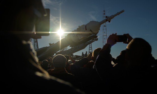 The Soyuz rocket is raised into a vertical position on the launch pad, Tuesday, Oct. 9, 2018 at the Baikonur Cosmodrome in Kazakhstan. Expedition 57 crewmembers Nick Hague of NASA and Alexey Ovchinin of Roscosmos are scheduled to launch on October 11 and will spend the next six months living and working aboard the International Space Station.