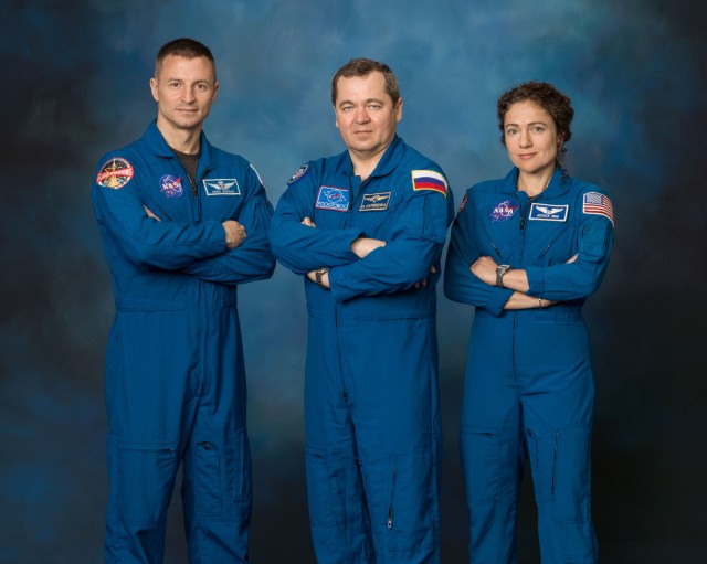 jsc2019e022584_alt (Sept. 12, 2019) --- Expedition 62 crew portrait with NASA astronaut Andrew Morgan, Roscosmos cosmonaut Oleg Skripochka and NASA astronaut Jessica Meir.