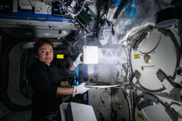 iss062e120699 (April 3, 2020) --- NASA astronaut and Expedition 62 Flight Engineer Jessica Meir gathers frozen research samples stowed in an International Space Station science freezer for loading inside the SpaceX Dragon resupply ship and return to Earth for scientific analysis.