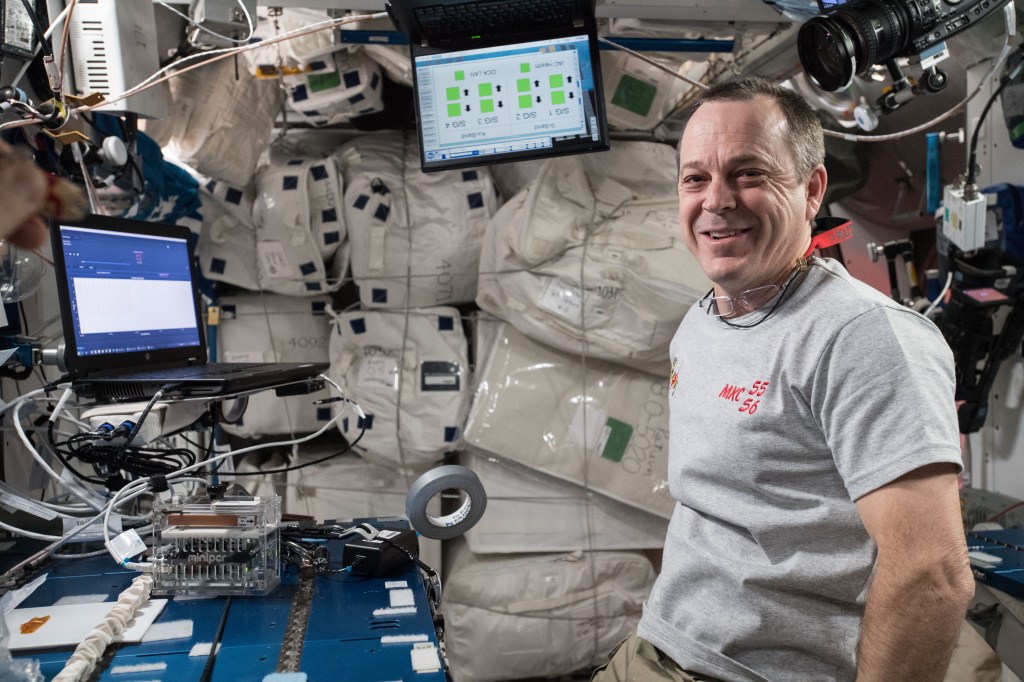Flight Engineer Ricky Arnold processes of samples inside the Miniature Polymerase Chain Reaction (miniPCR) for the Genes In Space-5 experiment. The research gathered from Genes in Space-5 may be valuable in the development of procedures to maintain astronaut health and prevent an increased risk of cancer on deep space missions. The investigation also provides a deeper understanding of the human immune system, while giving student researchers a direct connection to the space program and offering hands-on educational experiences on Earth and promoting involvement in STEM fields.