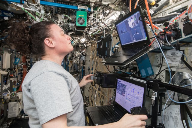 Flight Engineer Serena Auñón-Chancellor practices on a computer the maneuvers she will use with Canadarm2 robotic arm to capture the U.S. Cygnus space freighter from Northrop Grumman when it arrives at the International Space Station on Monday Nov. 19, 2018.