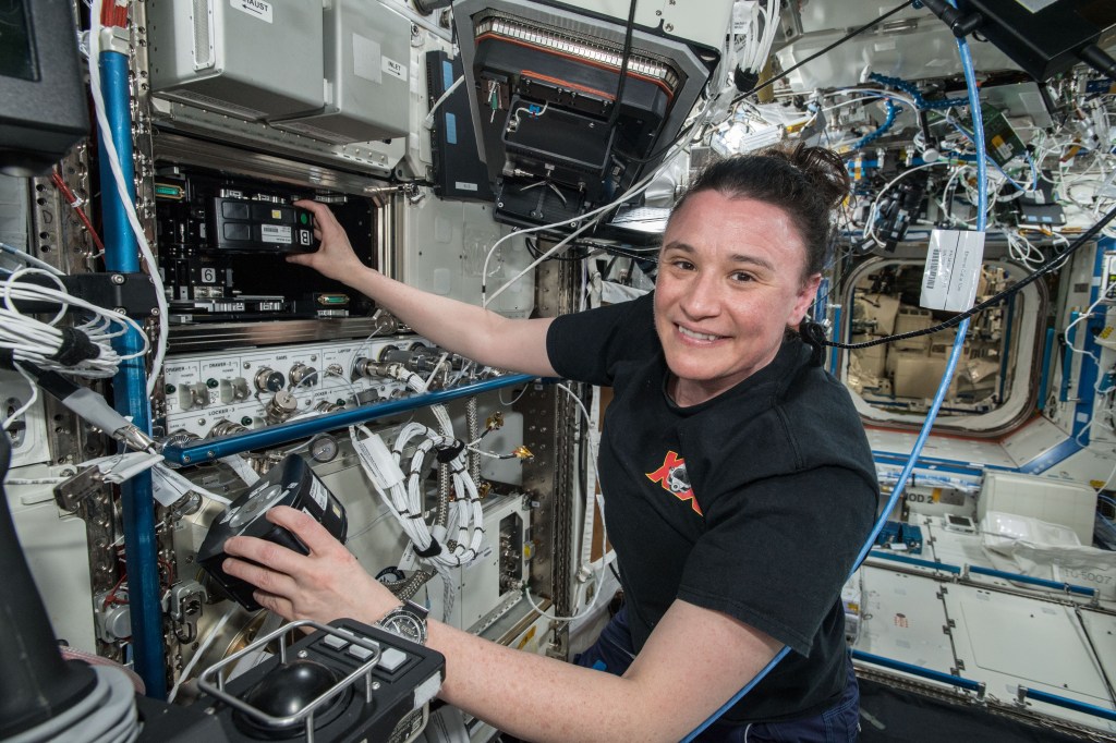 Flight Engineer Serena Auñón-Chancellor mixes samples for the Microgravity Investigation of Cement Solidification (MICS) experiment and installs them into the Multi-use Variable-g Platform. The research utilizes the microgravity environment aboard the International Space Station to investigate the complex process of cement solidification. Results may impact possible construction processes and designs for space habitats on the surface of the Moon and Mars.