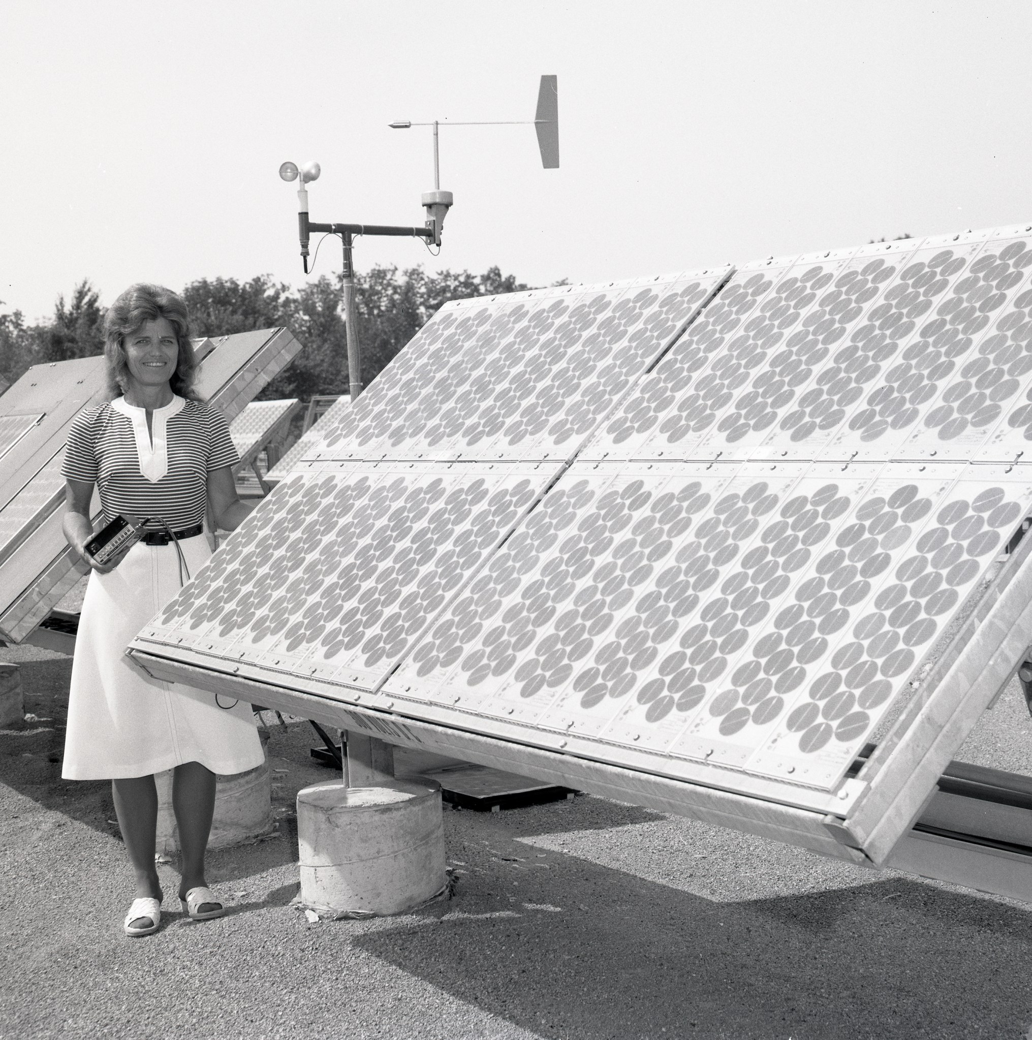 Woman looking a solar array.