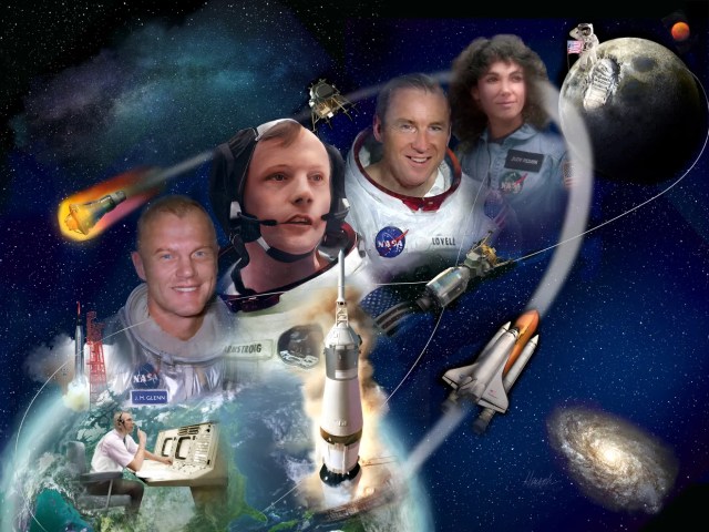 A large mural depicts portraits of John Glenn, Neil Armstrong, Jim Lovell, and Judy Resnik in space attire. Gene Kranz is seated at a control desk at far left.