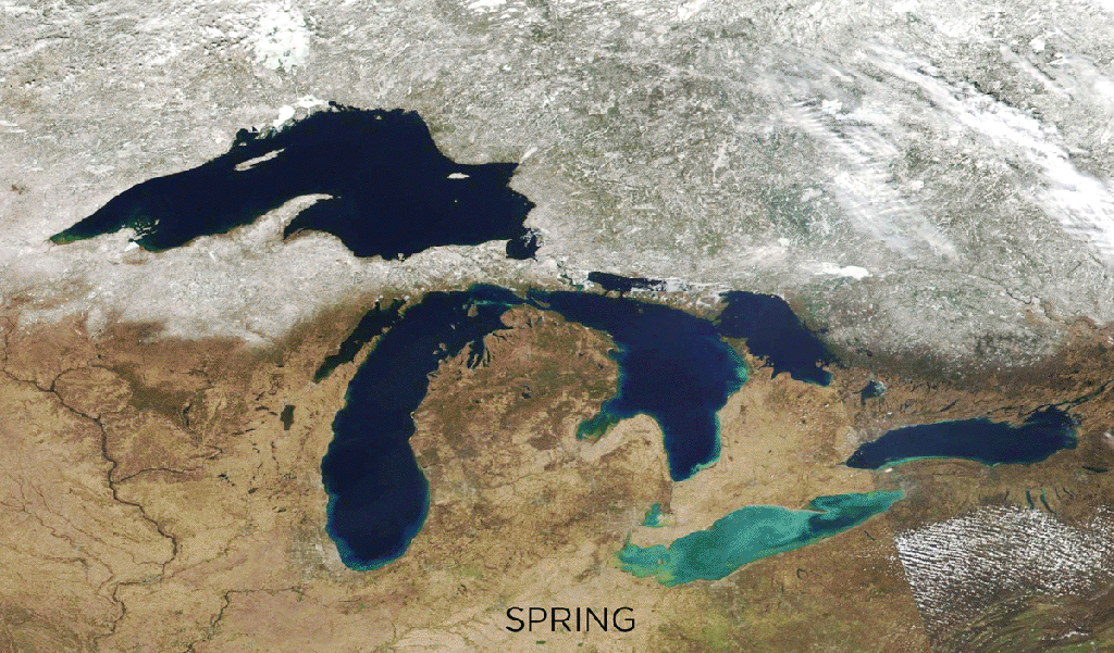 Gif showing satellite images taken of the Great Lakes during different seasons