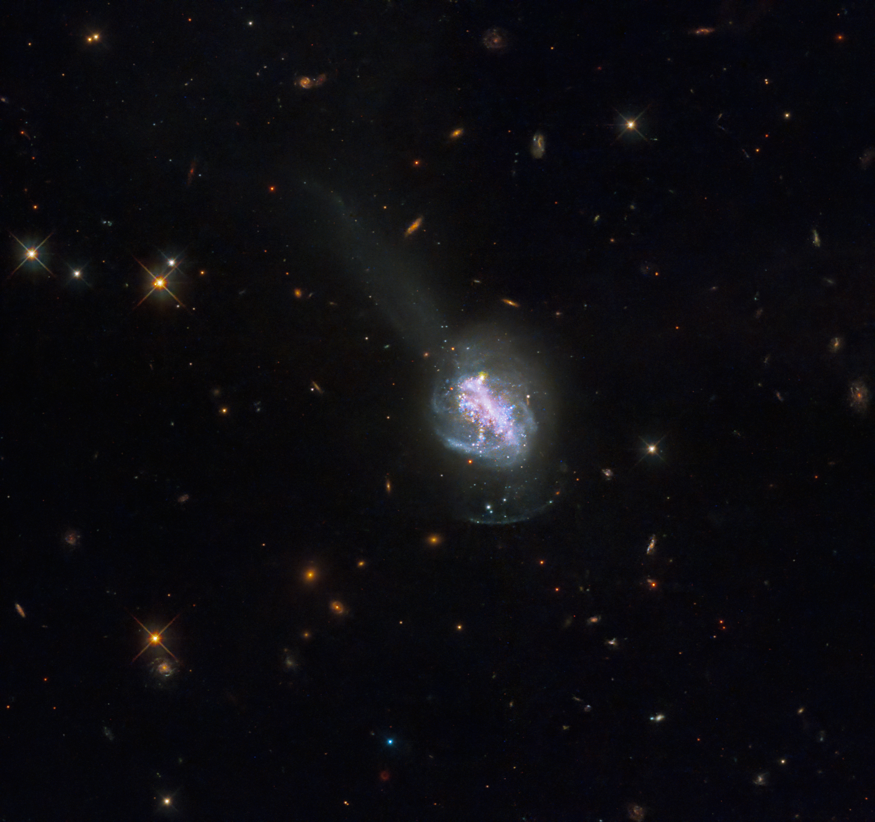 This new NASA Hubble Space Telescope image shows ESO 185-IG013, a luminous blue compact galaxy (BCG). BCGs are nearby galaxies that show an intense burst of star formation. They are unusually blue in visible light, which sets them apart from other high-starburst galaxies that emit more infrared light.
