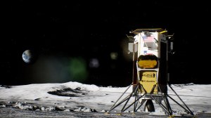 Alt Text: An artist’s illustration of Intuitive Machines' Nova-C lunar lander on the Moon’s surface with a view of the Earth far in the background. The lander is yellow, grey, black, and white and an American flag and the Intuitive Machines logo can be seen on the spacecraft’s surface.