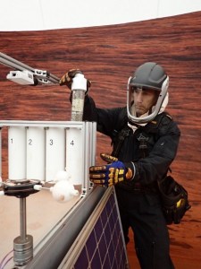 Flight Engineer Ross Brockwell completes simulated EVA ("Marswalk") tasks inside the sandbox. Credit: NASA