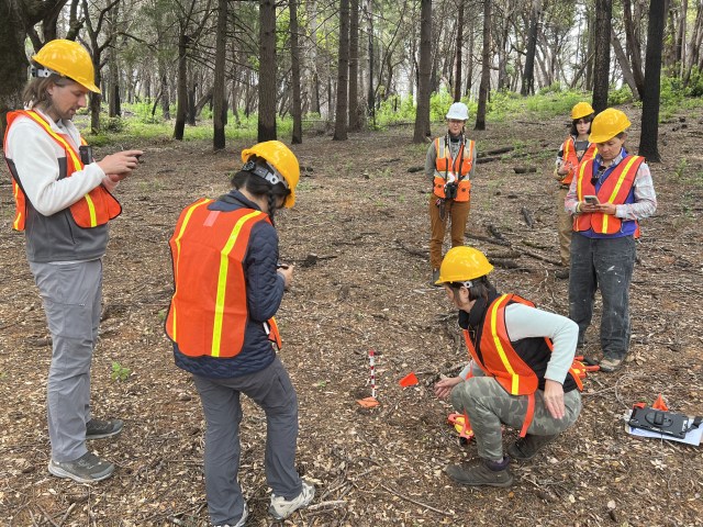 Students and staff from the SJSU Geofly Lab and the Wilkin Fire Ecology Lab conduct aerial remote sensing and fire modeling in the San Vicente Redwoods for a post-burn fuel management project. Pictured are Julia Gaudinski, Bo Yang, Kate Wilkin, Henri Brillion, Xiangyu Ren, and Melina Kompella.