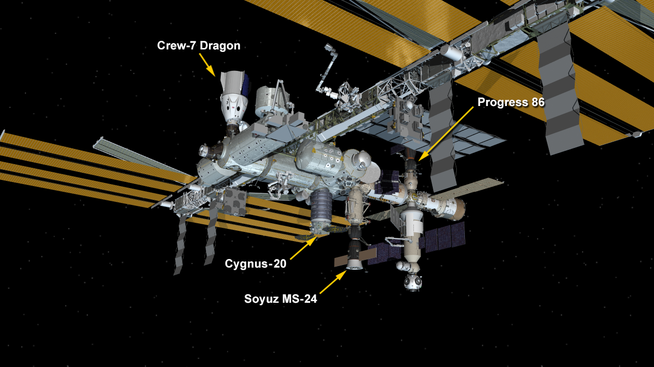 Feb. 12, 2024: International Space Station Configuration. Four spaceships are parked at the space station including the SpaceX Dragon crew spacecraft Endurance, Northrop Grumman's Cygnus space freighter, the Soyuz MS-24 crew ship, and the Progress 86 resupply ship.