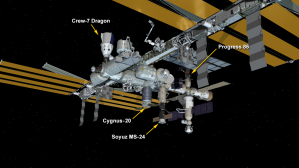 Feb. 12, 2024: International Space Station Configuration. Four spaceships are parked at the space station including the SpaceX Dragon crew spacecraft Endurance, Northrop Grumman's Cygnus space freighter, the Soyuz MS-24 crew ship, and the Progress 86 resupply ship.