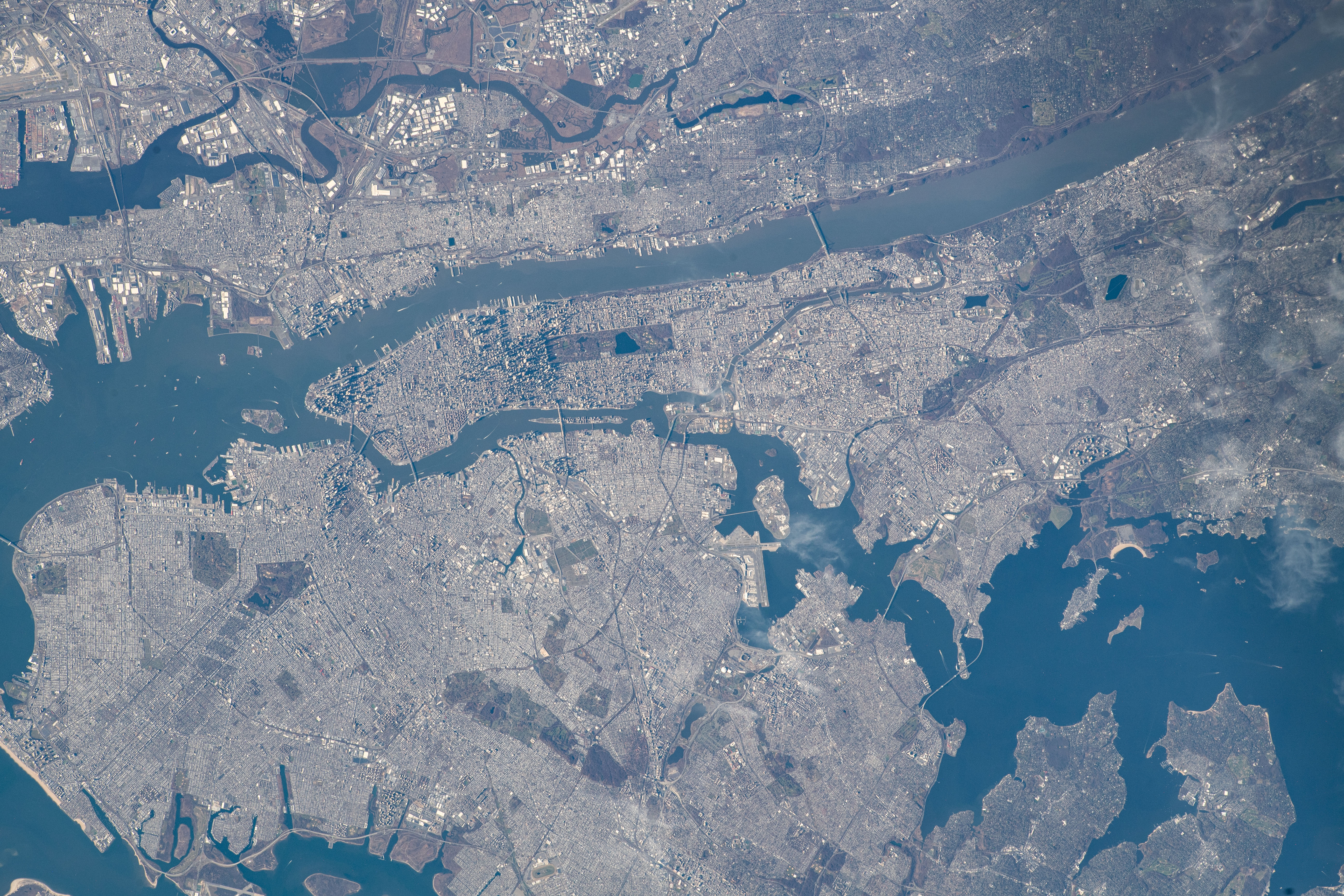 The New York Metropolitan Area, including four of five New York city boroughs, portions of New Jersey, and numeorus waterways, is pictured from the International Space Station as it orbited 261 miles above.