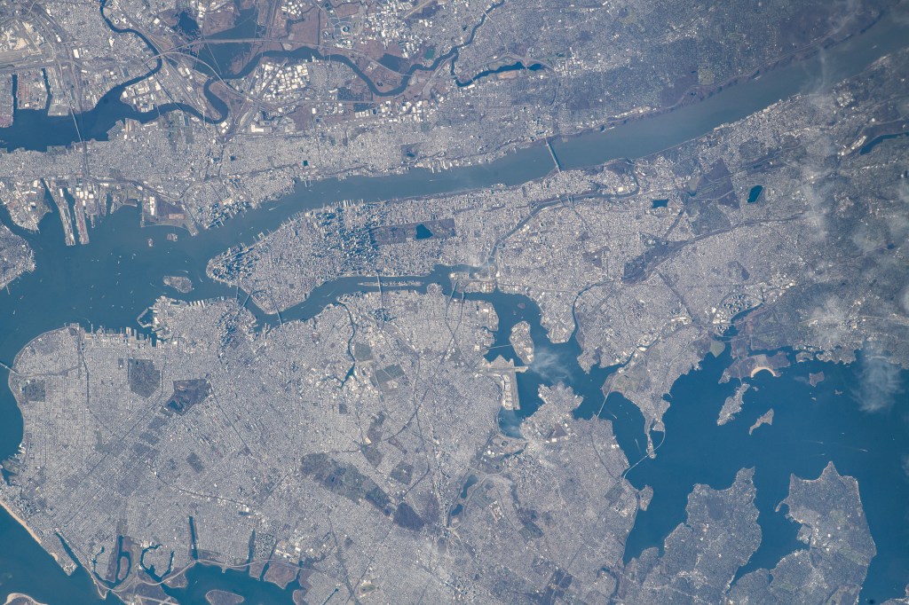 The New York Metropolitan Area, including four of five New York city boroughs, portions of New Jersey, and numeorus waterways, is pictured from the International Space Station as it orbited 261 miles above.