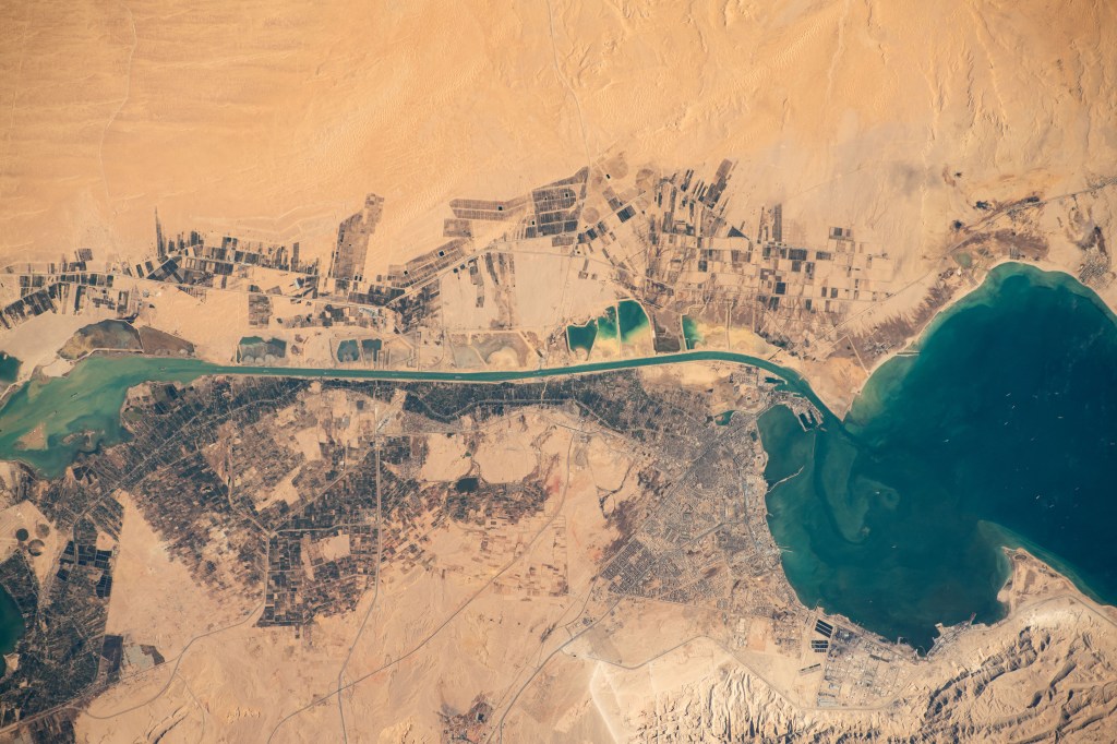 The Suez Gulf (right) and the southern portion of the Suez Canal are pictured from the International Space Station as it orbited 260 miles above Egypt near the Mediterranean coast.