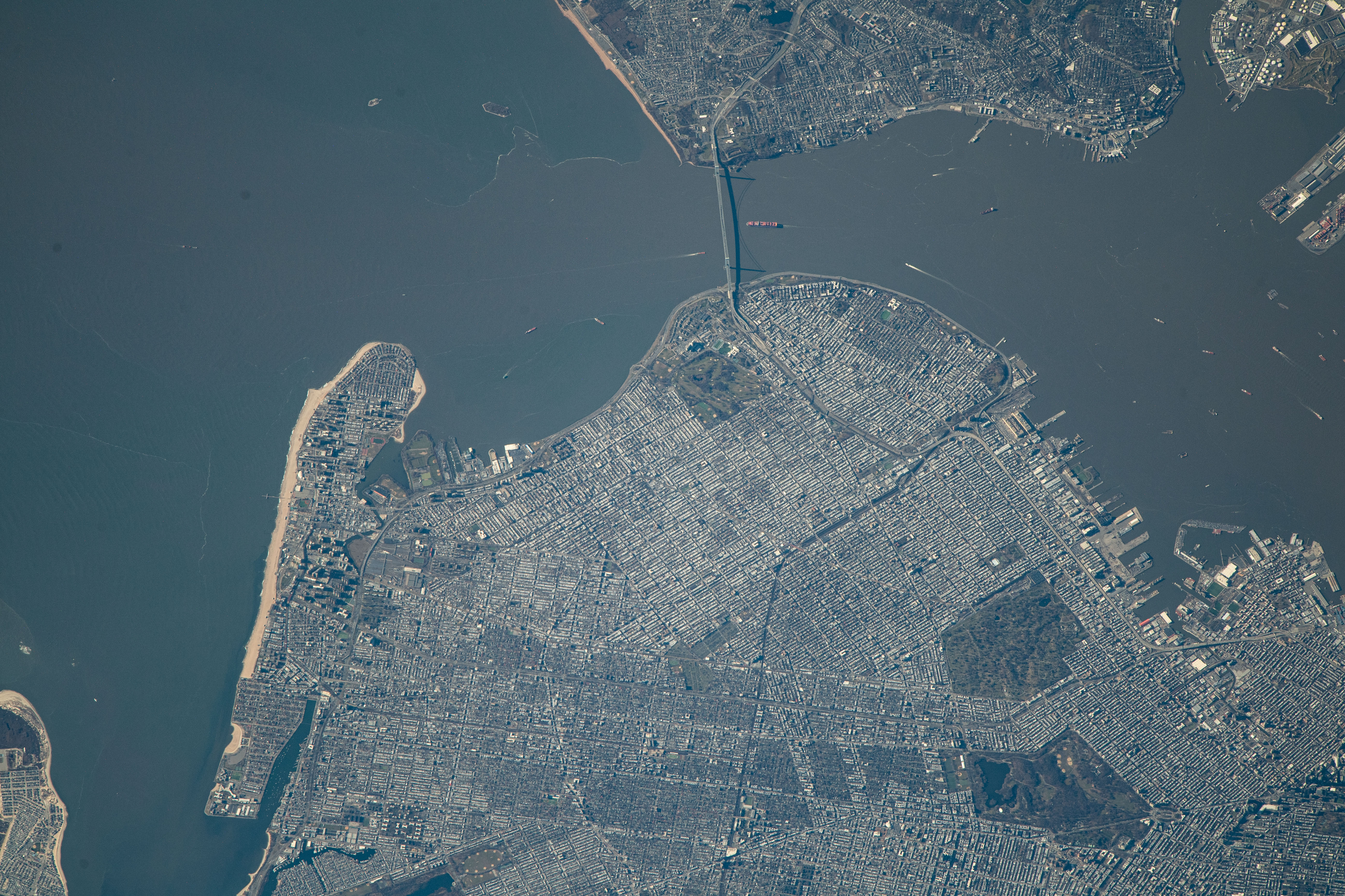 The Verrazano-Narrows bridge connects the New York City boroughs of Staten Island (top) and Brooklyn in this photograph from the International Space Station as it orbited 260 miles above the The Empire State of New York.