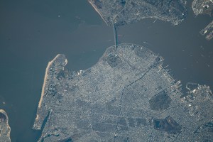 The Verrazano-Narrows bridge connects the New York City boroughs of Staten Island (top) and Brooklyn in this photograph from the International Space Station as it orbited 260 miles above the The Empire State of New York.