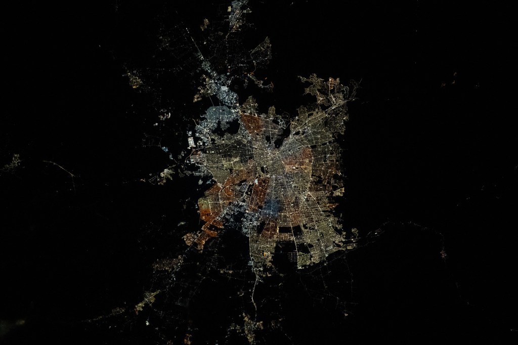 The nighttime hues of the city lights of Santiago, Chile, the South American nation's capital and largest city, are pictured from the International Space Station as it orbited 265 miles above.